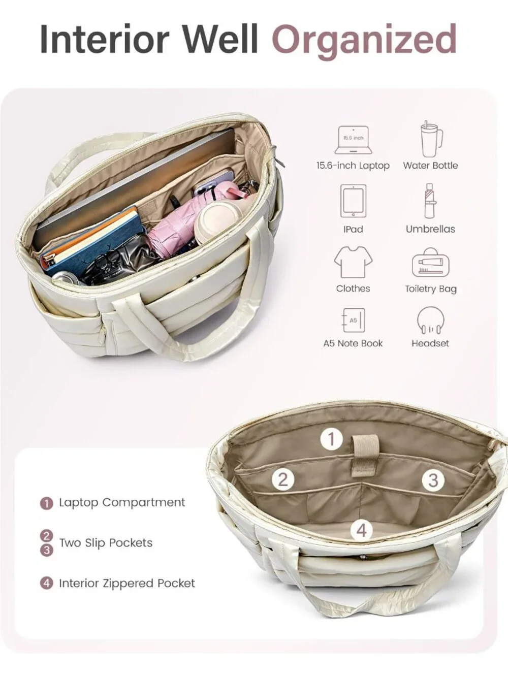 👜Women's Beige Quilted Puffer Tote Bag Zipper Work Bag With Compartments